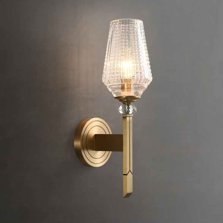 Contemporary Nordic Cylinder Cup Shape Full Brass Frame Glass Shade 1-Light Wall Sconce Lamp For Living Room