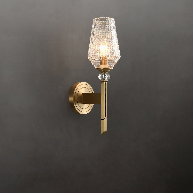 Contemporary Nordic Cylinder Cup Shape Full Brass Frame Glass Shade 1-Light Wall Sconce Lamp For Living Room