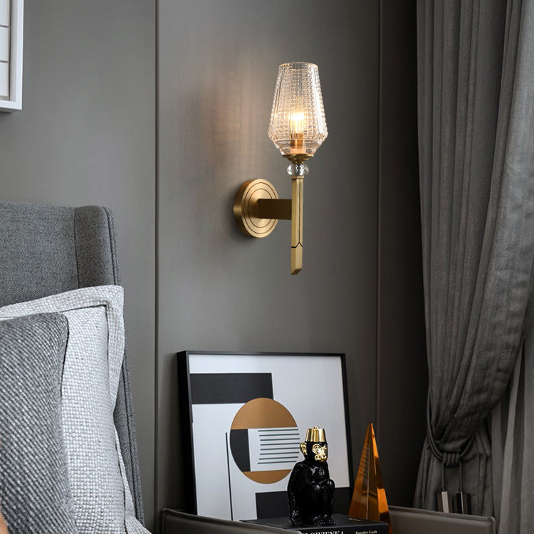 Contemporary Nordic Cylinder Cup Shape Full Brass Frame Glass Shade 1-Light Wall Sconce Lamp For Living Room