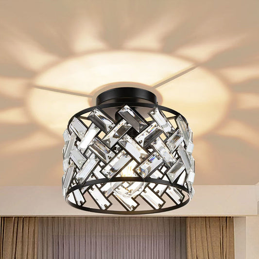 Modern Minimalist Round Aluminum Frame Crystal Shade 1-Light Semi-Flush Mount Ceiling Light For Living Room