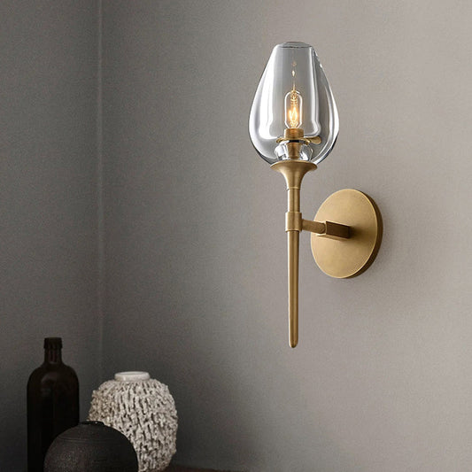 Contemporary Nordic Round Cylinder Cup Shape Copper Frame Crystal Shade 1/2 Light Wall Sconce Lamp For Bedroom