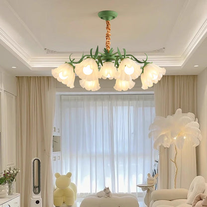 Traditional French Leaf Flower Glass Shade Hardware Frame 4/6/7/9 Light Chandelier For Living Room
