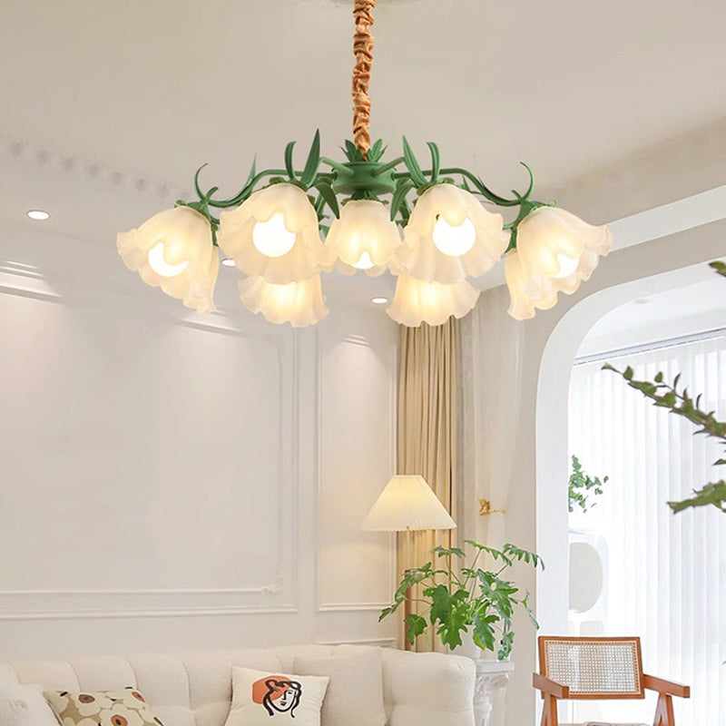 Traditional French Leaf Flower Glass Shade Hardware Frame 4/6/7/9 Light Chandelier For Living Room