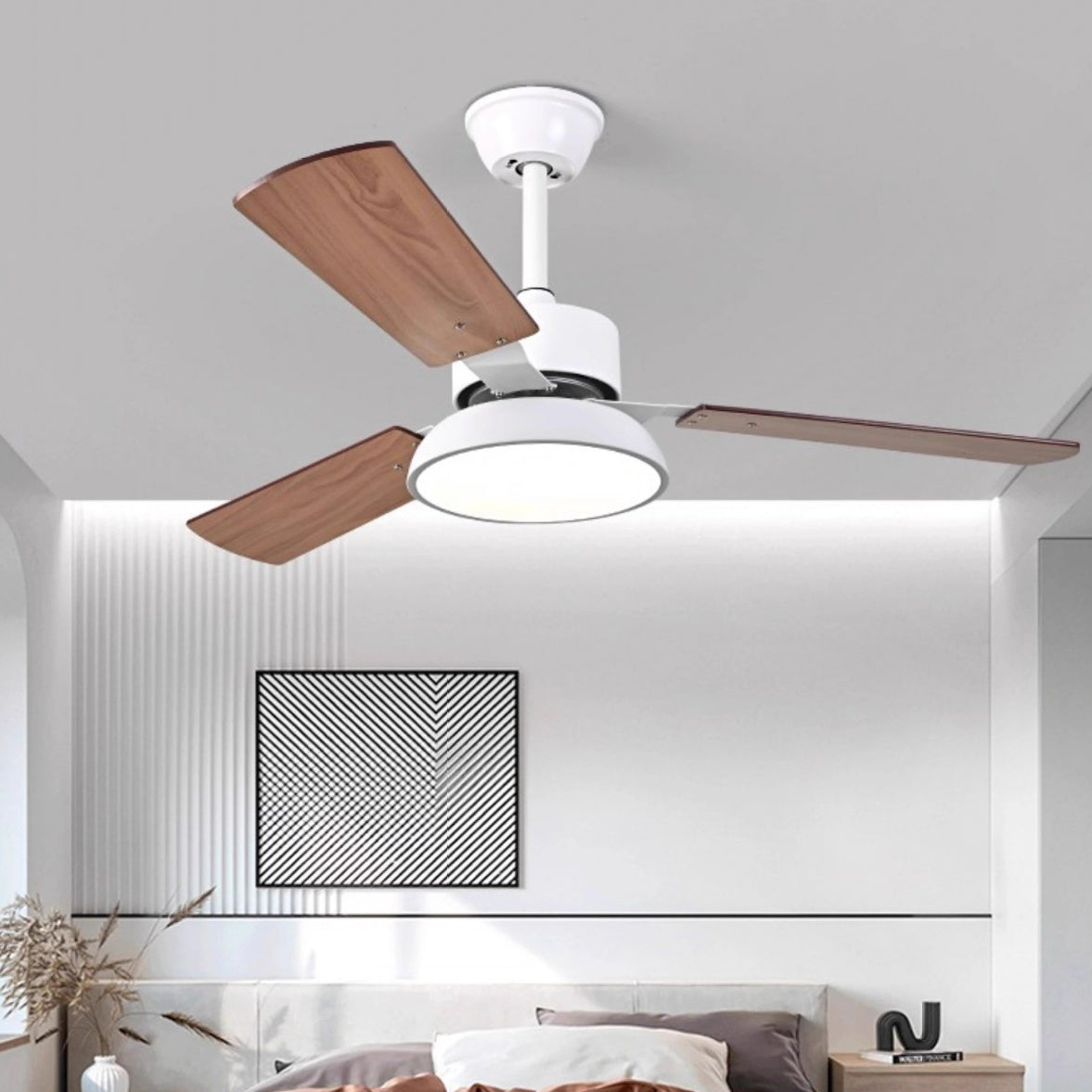 Modern Minimalist Round Solid Wood Fan Blade Iron Acrylic Shade LED Downrods Ceiling Fan Light For Living Room