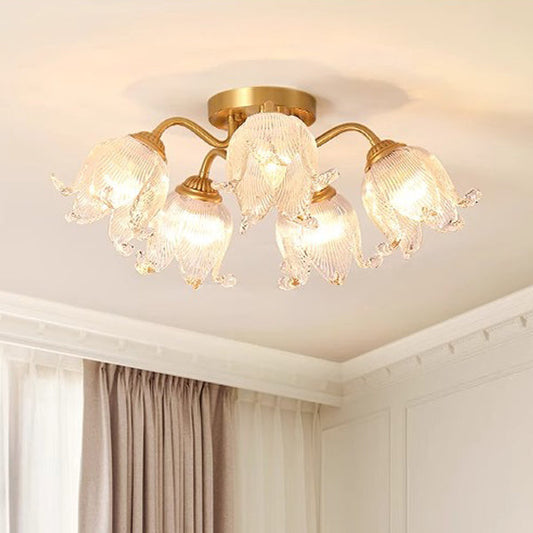 Traditional European Round Flower Glass Shade Full Copper Frame 5/12/15 Light Flush Mount Ceiling Light For Living Room
