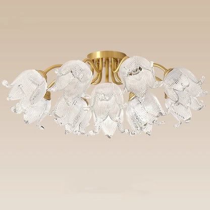 Traditional European Round Flower Glass Shade Full Copper Frame 5/12/15 Light Flush Mount Ceiling Light For Living Room