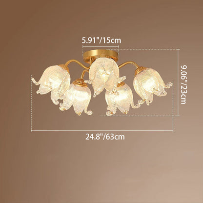 Traditional European Round Flower Glass Shade Full Copper Frame 5/12/15 Light Flush Mount Ceiling Light For Living Room