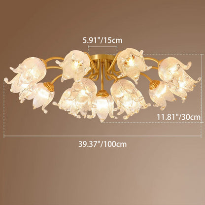 Traditional European Round Flower Glass Shade Full Copper Frame 5/12/15 Light Flush Mount Ceiling Light For Living Room