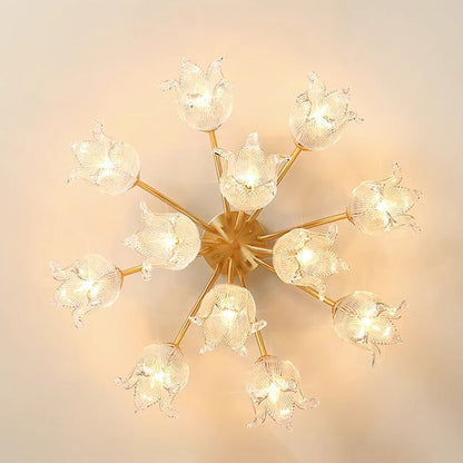 Traditional European Round Flower Glass Shade Full Copper Frame 5/12/15 Light Flush Mount Ceiling Light For Living Room