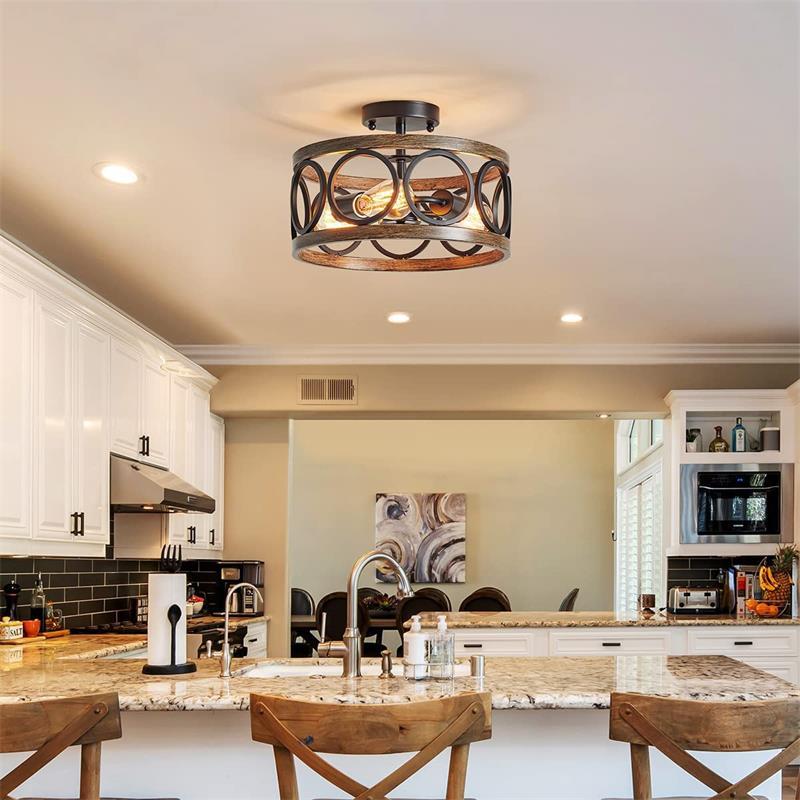 Contemporary Industrial Round Hollowed Out Wood Grain Iron 3-Light Semi-Flush Mount Ceiling Light For Living Room