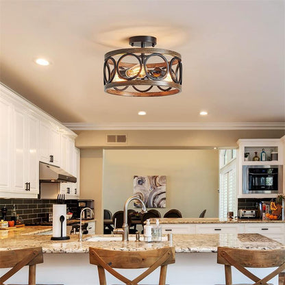 Contemporary Industrial Round Hollowed Out Wood Grain Iron 3-Light Semi-Flush Mount Ceiling Light For Living Room