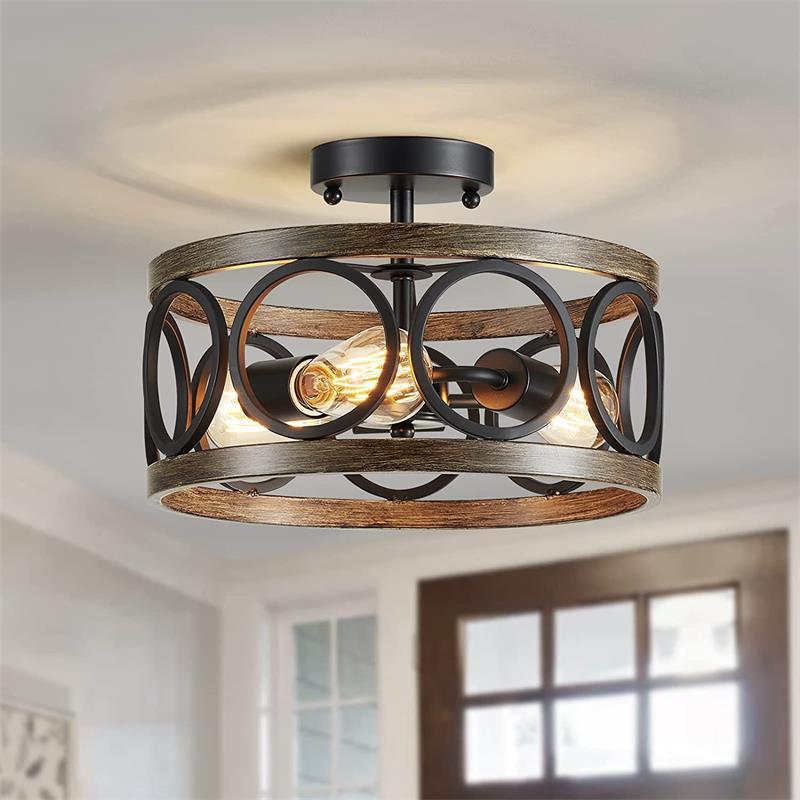 Contemporary Industrial Round Hollowed Out Wood Grain Iron 3-Light Semi-Flush Mount Ceiling Light For Living Room