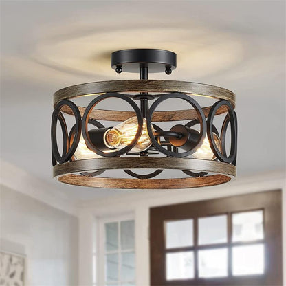 Contemporary Industrial Round Hollowed Out Wood Grain Iron 3-Light Semi-Flush Mount Ceiling Light For Living Room