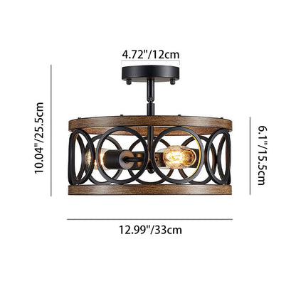Contemporary Industrial Round Hollowed Out Wood Grain Iron 3-Light Semi-Flush Mount Ceiling Light For Living Room