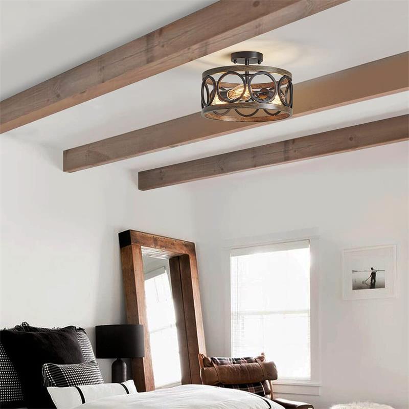 Contemporary Industrial Round Hollowed Out Wood Grain Iron 3-Light Semi-Flush Mount Ceiling Light For Living Room