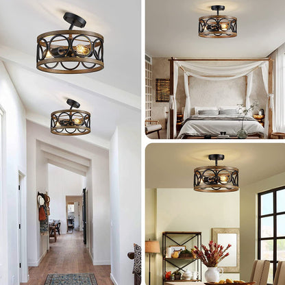 Contemporary Industrial Round Hollowed Out Wood Grain Iron 3-Light Semi-Flush Mount Ceiling Light For Living Room