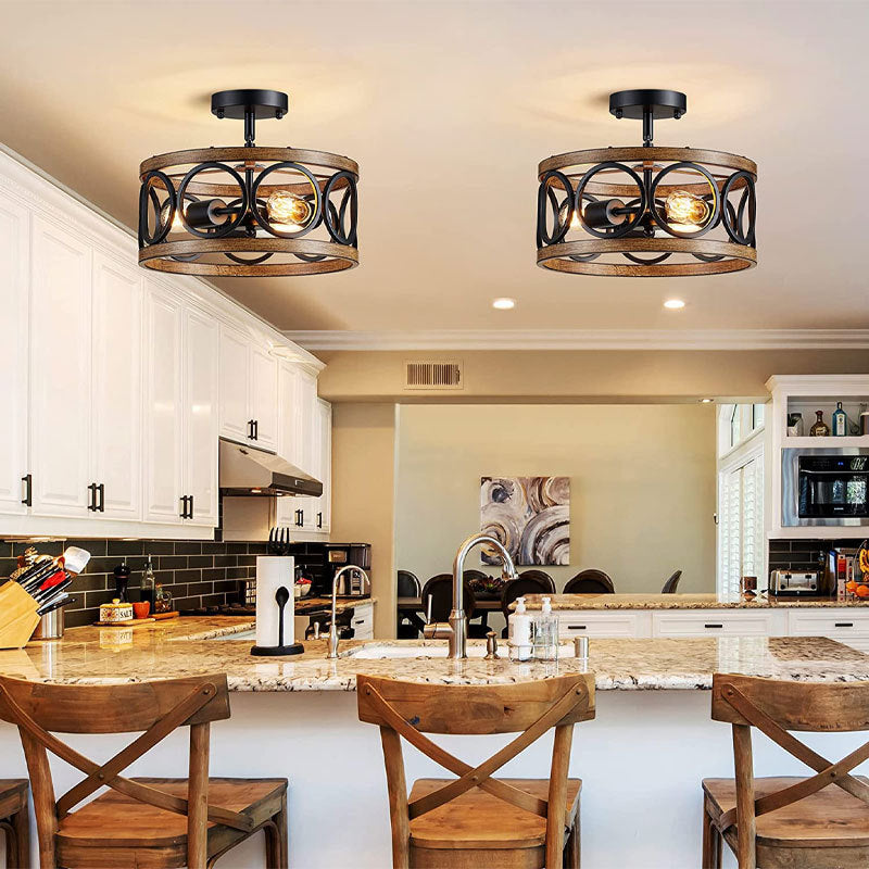 Contemporary Industrial Round Hollowed Out Wood Grain Iron 3-Light Semi-Flush Mount Ceiling Light For Living Room