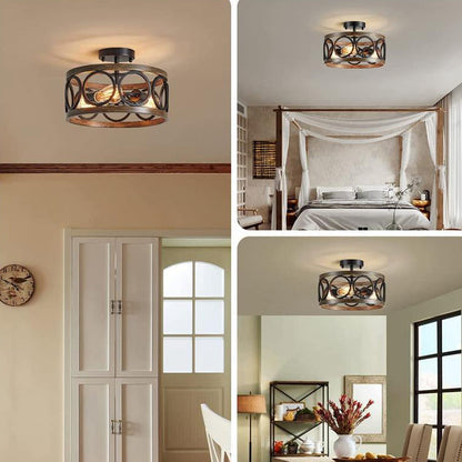 Contemporary Industrial Round Hollowed Out Wood Grain Iron 3-Light Semi-Flush Mount Ceiling Light For Living Room