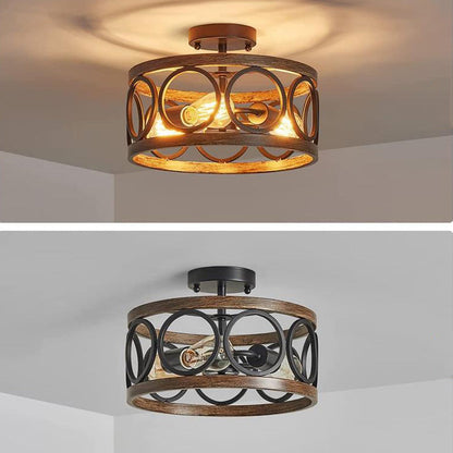 Contemporary Industrial Round Hollowed Out Wood Grain Iron 3-Light Semi-Flush Mount Ceiling Light For Living Room