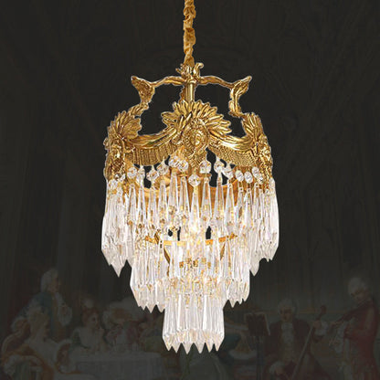 Traditional French Round Flower Carved Crystal Copper Frame 3-Light Pendant Light For Living Room
