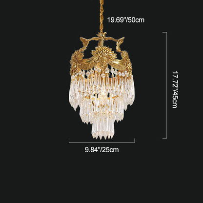 Traditional French Round Flower Carved Crystal Copper Frame 3-Light Pendant Light For Living Room