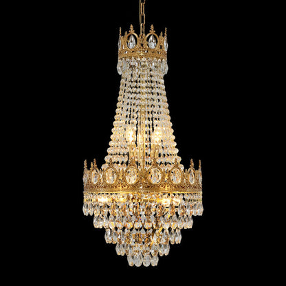 Traditional French Round Crown Shape Cut Diamond Crystal Copper Frame Candelabra 9-Light Chandelier For Living Room