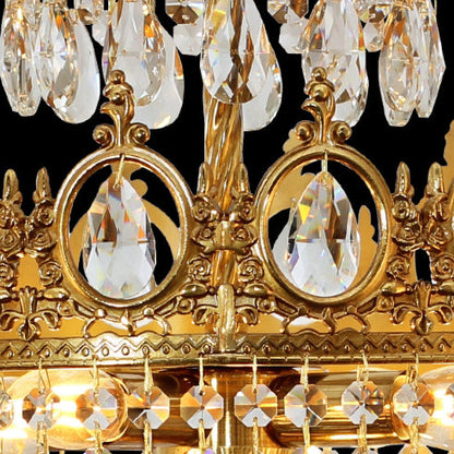 Traditional French Round Crown Shape Cut Diamond Crystal Copper Frame Candelabra 9-Light Chandelier For Living Room