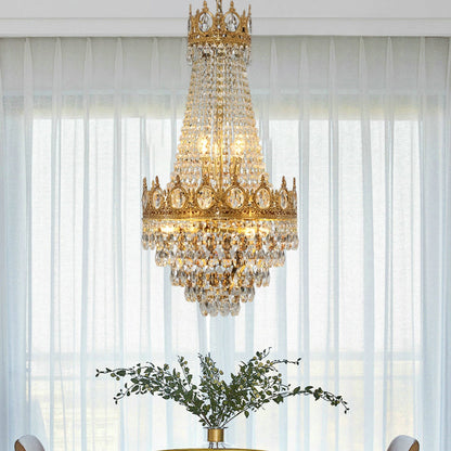 Traditional French Round Crown Shape Cut Diamond Crystal Copper Frame Candelabra 9-Light Chandelier For Living Room