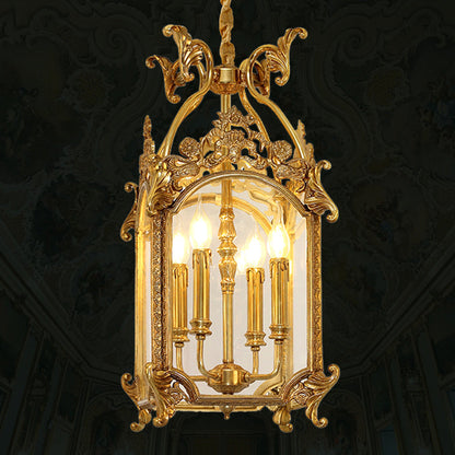 Traditional French Quadrilateral Carved Candle Holder Full Brass Frame 4-Light Pendant Light For Living Room