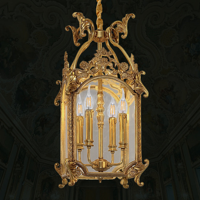 Traditional French Quadrilateral Carved Candle Holder Full Brass Frame 4-Light Pendant Light For Living Room