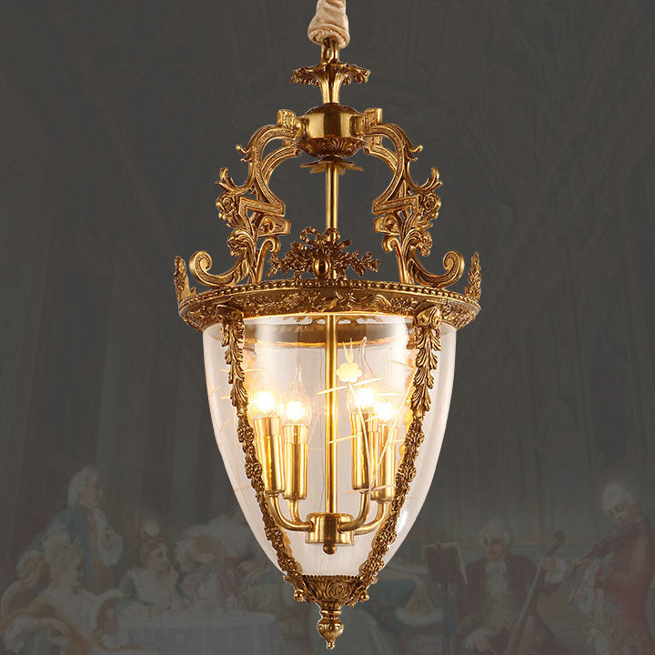 Traditional French Antique Taper Lace Carved Candelabra Full Copper Frame Glass Shade 4-Light Pendant Light For Living Room