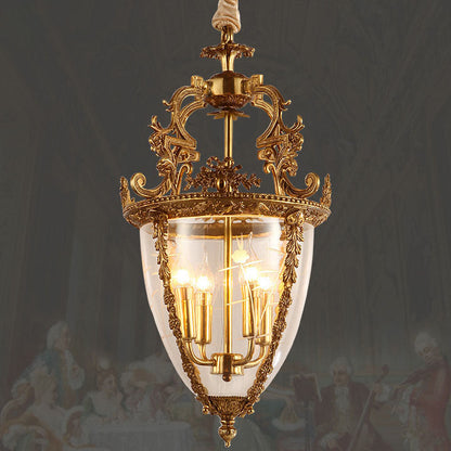 Traditional French Antique Taper Lace Carved Candelabra Full Copper Frame Glass Shade 4-Light Pendant Light For Living Room
