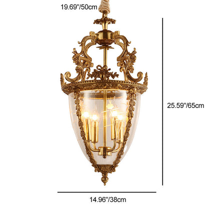 Traditional French Antique Taper Lace Carved Candelabra Full Copper Frame Glass Shade 4-Light Pendant Light For Living Room