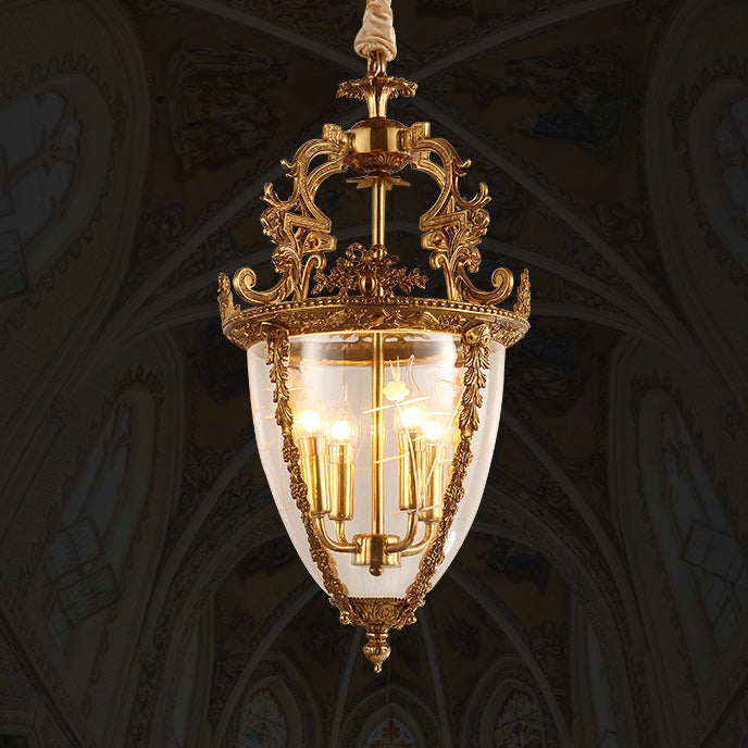 Traditional French Antique Taper Lace Carved Candelabra Full Copper Frame Glass Shade 4-Light Pendant Light For Living Room