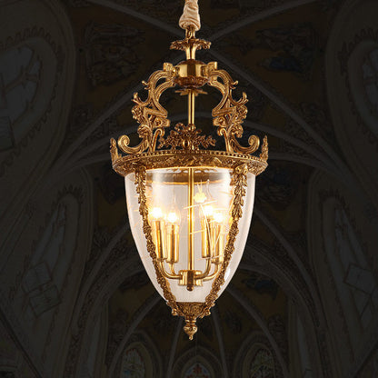 Traditional French Antique Taper Lace Carved Candelabra Full Copper Frame Glass Shade 4-Light Pendant Light For Living Room