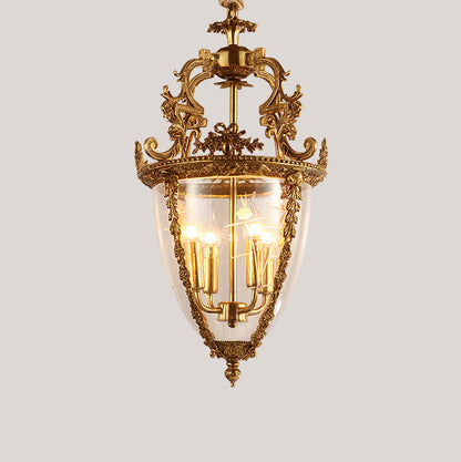 Traditional French Antique Taper Lace Carved Candelabra Full Copper Frame Glass Shade 4-Light Pendant Light For Living Room