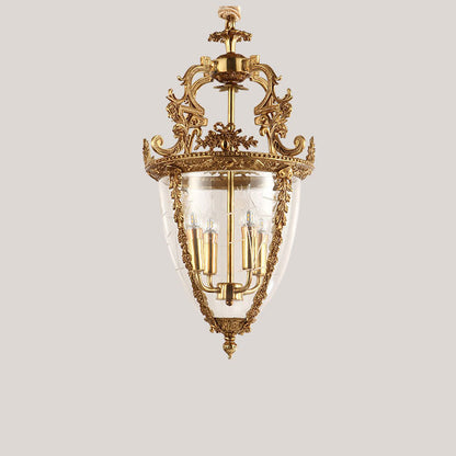 Traditional French Antique Taper Lace Carved Candelabra Full Copper Frame Glass Shade 4-Light Pendant Light For Living Room