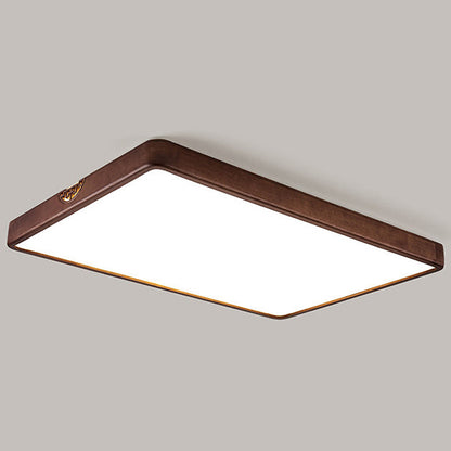 Traditional Chinese Square Rectangle Walnut Grain Rubber Wood Hardware PVC Shade LED Flush Mount Ceiling Light For Living Room