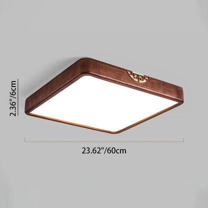 Traditional Chinese Square Rectangle Walnut Grain Rubber Wood Hardware PVC Shade LED Flush Mount Ceiling Light For Living Room