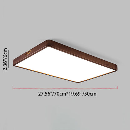 Traditional Chinese Square Rectangle Walnut Grain Rubber Wood Hardware PVC Shade LED Flush Mount Ceiling Light For Living Room