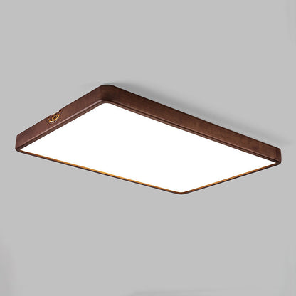 Traditional Chinese Square Rectangle Walnut Grain Rubber Wood Hardware PVC Shade LED Flush Mount Ceiling Light For Living Room