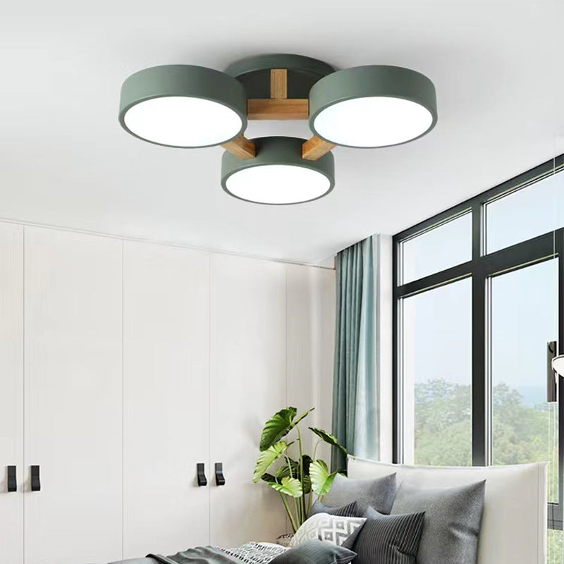Modern Minimalist Multi Round Iron Wood Acrylic LED Semi-Flush Mount Ceiling Light For Living Room