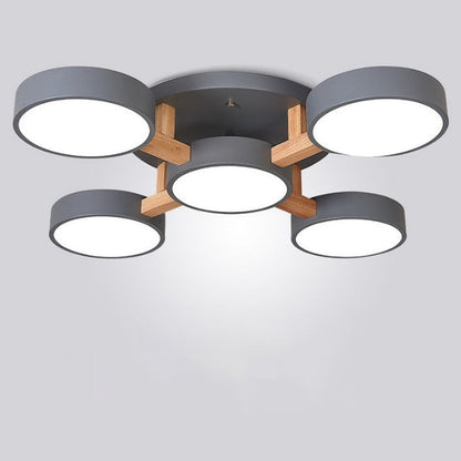 Modern Minimalist Multi Round Iron Wood Acrylic LED Semi-Flush Mount Ceiling Light For Living Room