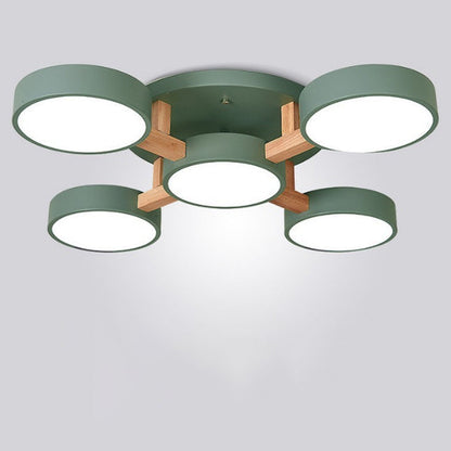 Modern Minimalist Multi Round Iron Wood Acrylic LED Semi-Flush Mount Ceiling Light For Living Room