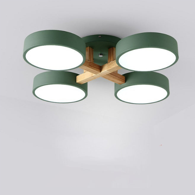 Modern Minimalist Multi Round Iron Wood Acrylic LED Semi-Flush Mount Ceiling Light For Living Room