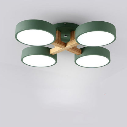 Modern Minimalist Multi Round Iron Wood Acrylic LED Semi-Flush Mount Ceiling Light For Living Room