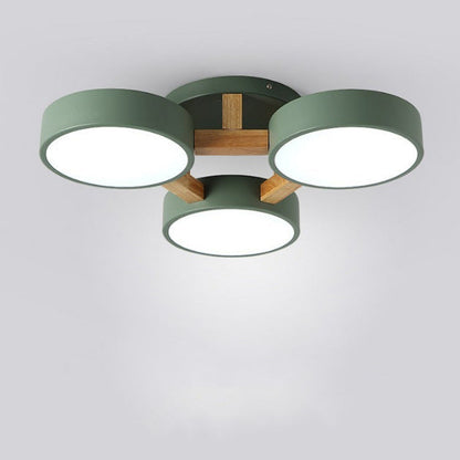 Modern Minimalist Multi Round Iron Wood Acrylic LED Semi-Flush Mount Ceiling Light For Living Room