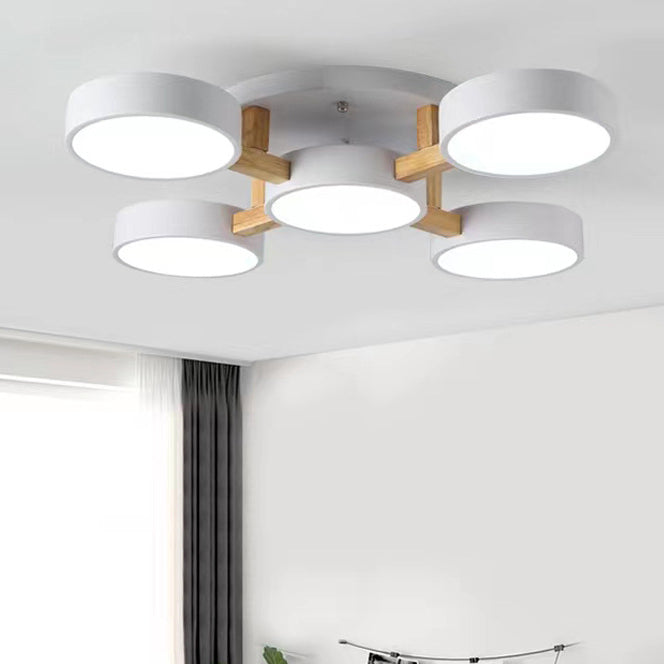 Modern Minimalist Multi Round Iron Wood Acrylic LED Semi-Flush Mount Ceiling Light For Living Room