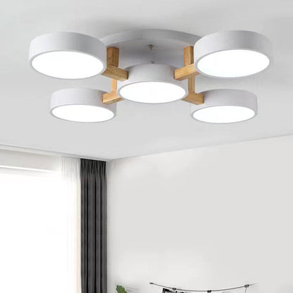 Modern Minimalist Multi Round Iron Wood Acrylic LED Semi-Flush Mount Ceiling Light For Living Room