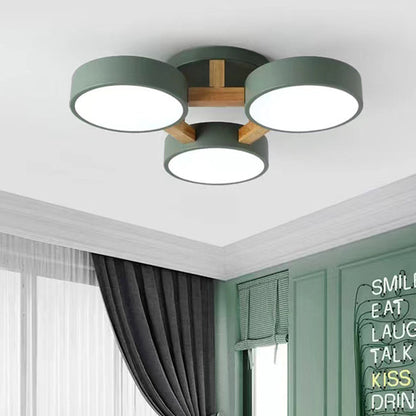 Modern Minimalist Multi Round Iron Wood Acrylic LED Semi-Flush Mount Ceiling Light For Living Room